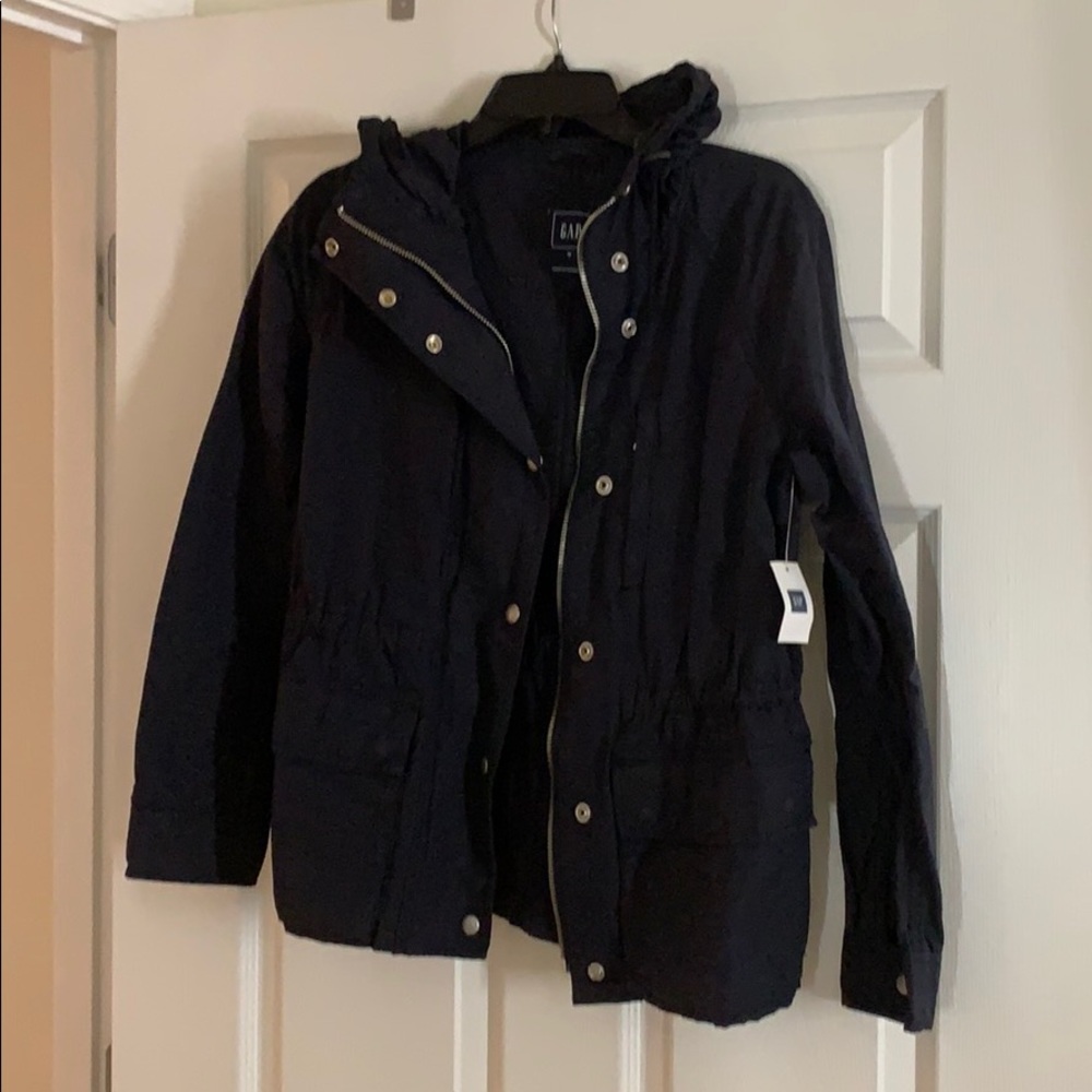 Navy blue utility jacket with hood